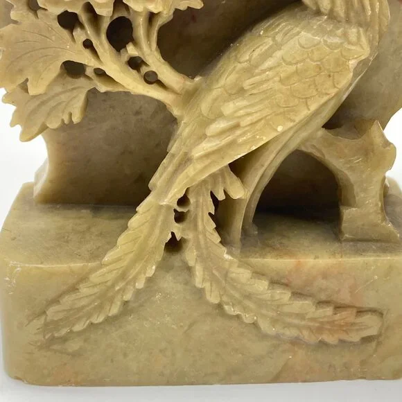 Vintage Pair of Hand-Carved Green Soapstone Bookends Phoenix Bird Lotus Flower - Picture 6 of 16